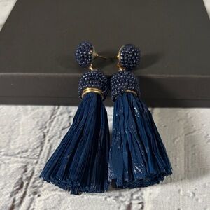 Beaded Straw Blue Gold Tone Dangle Earrings